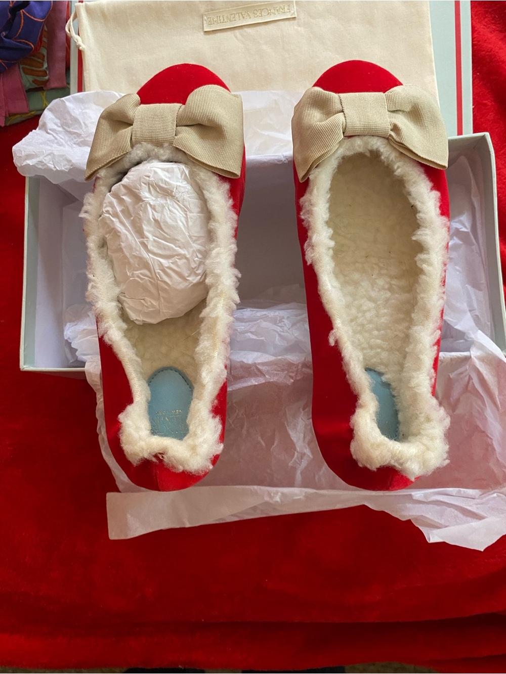 Frances Valentine Red Satin Slippers with Beige Bow